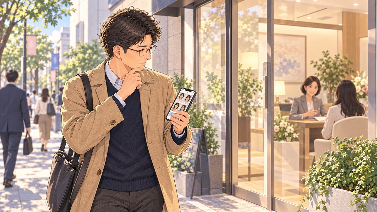 街角でスマホを見ながら考える男性のイラスト