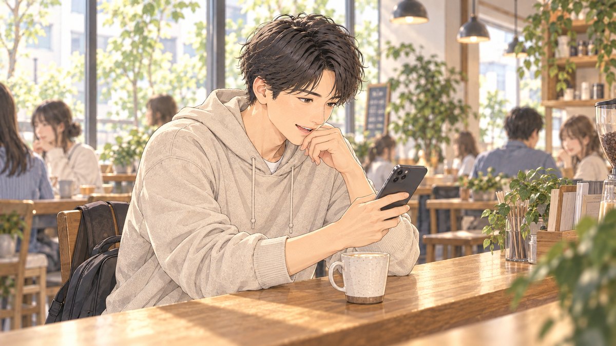 カフェでスマホの画面を確かめる男性のイラスト