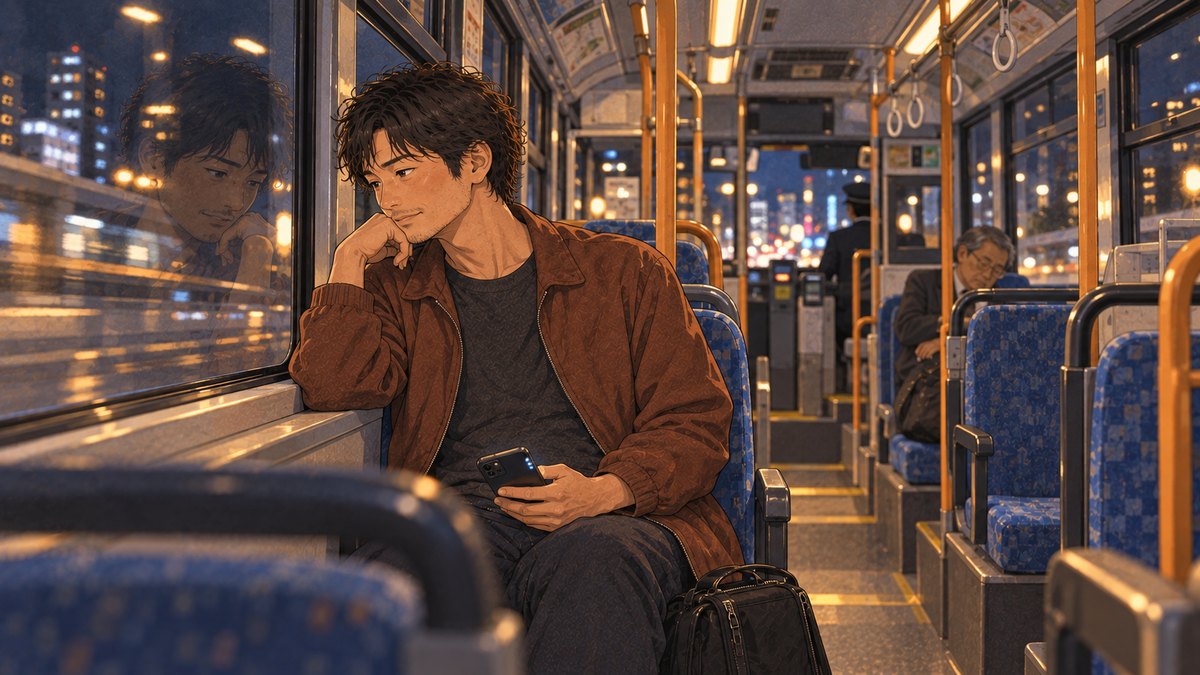 夜のバスでスマホを手にする男性のイラスト
