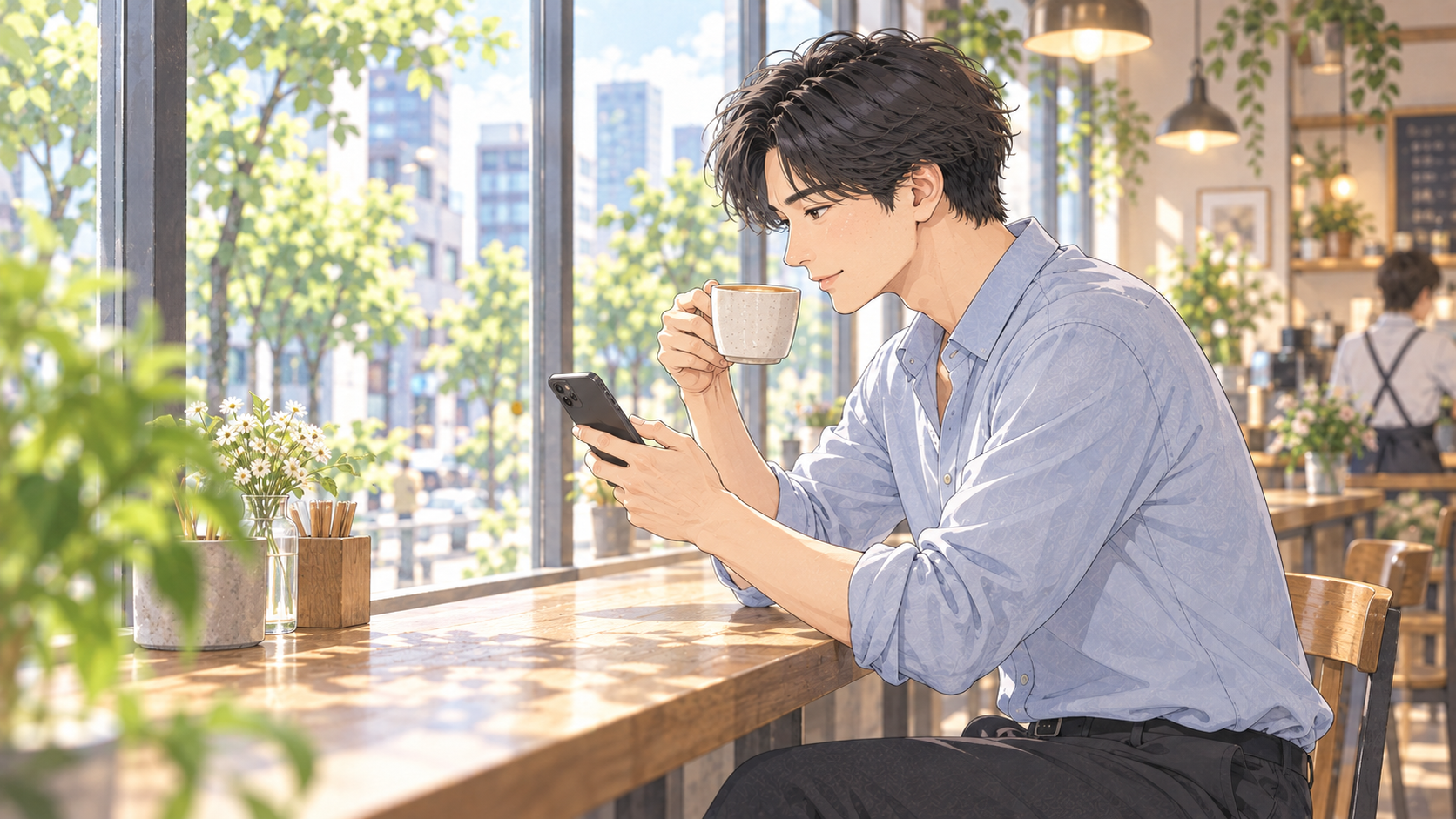 カフェでマッチングアプリの料金を確認する男性