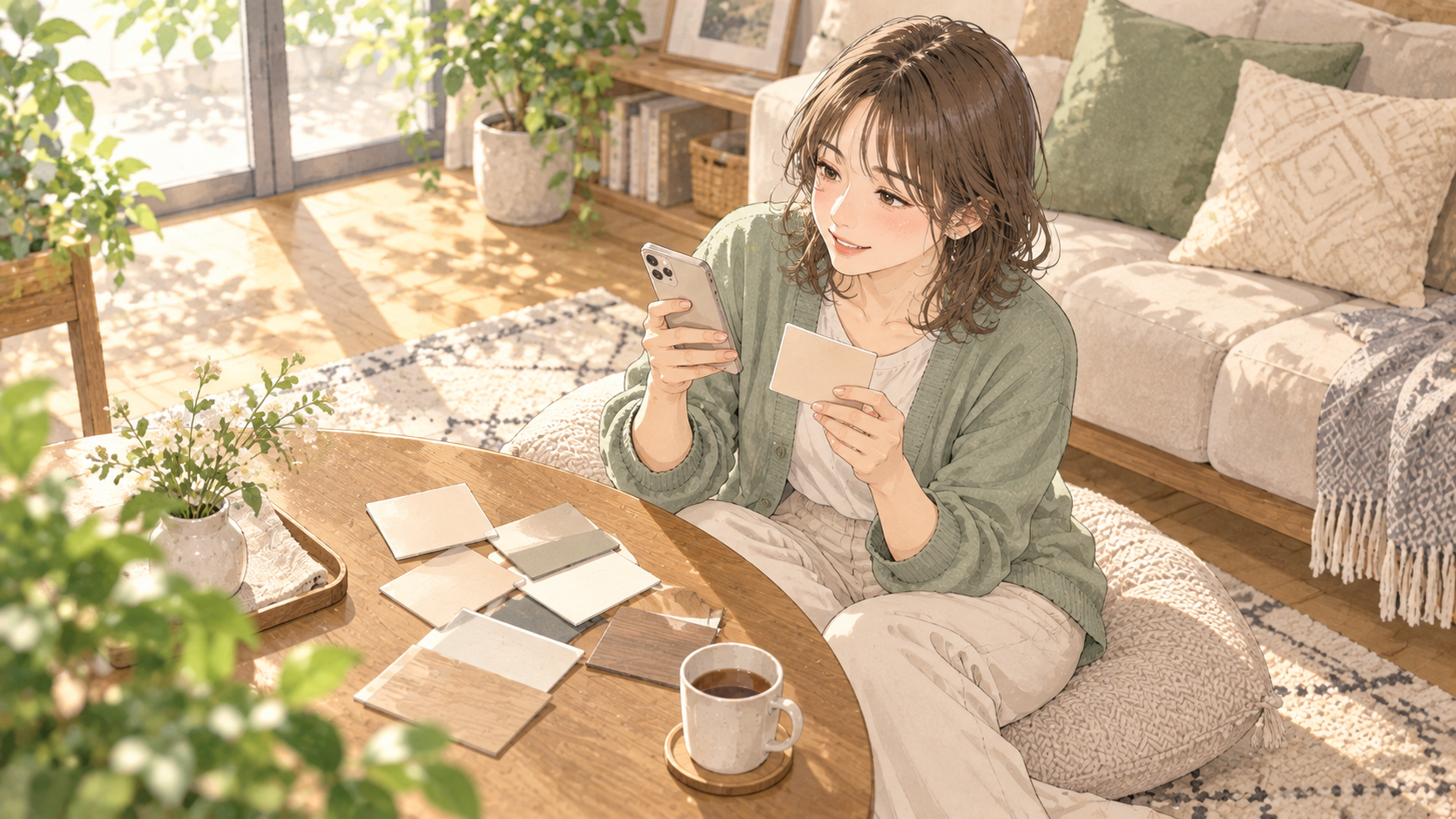 自宅で複数のマッチングアプリを見比べる女性