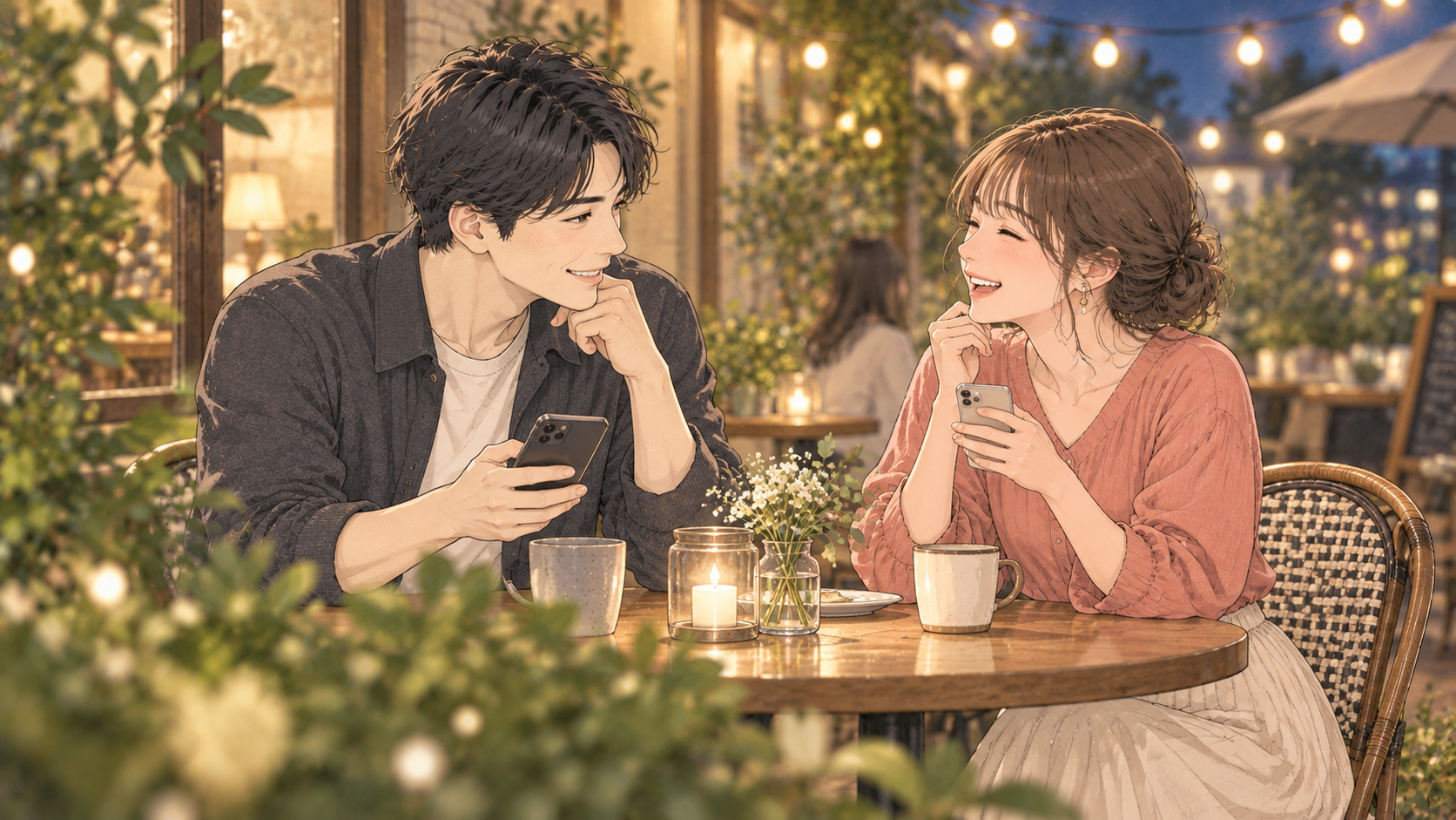 カフェでスマホを手に話す男女