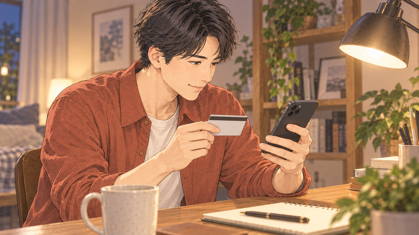 スマホで有料プランを申し込む男性