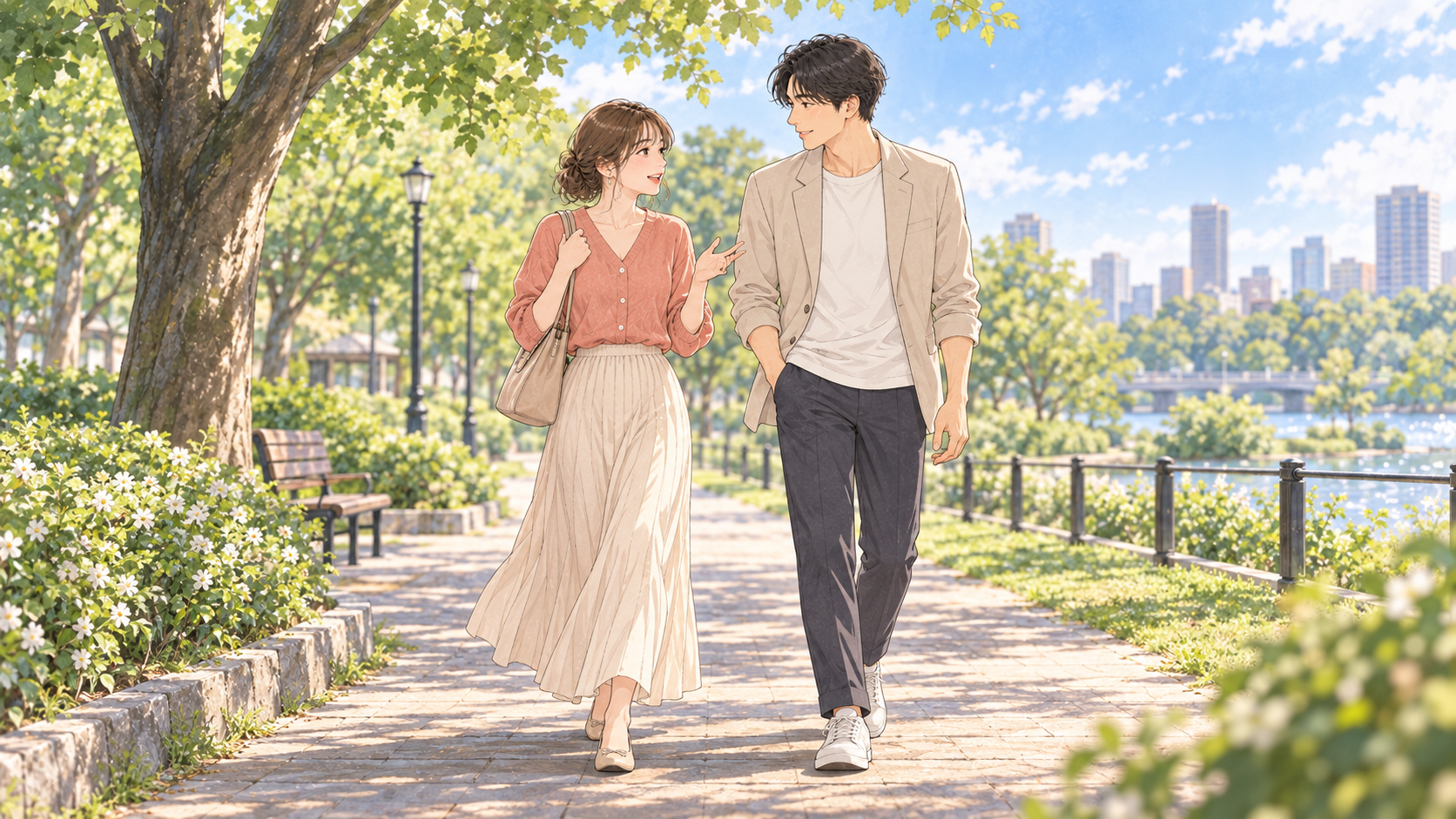 公園を並んで歩く男女