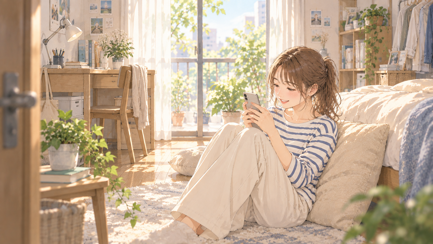 部屋でくつろぎながらアプリを見る女子大学生