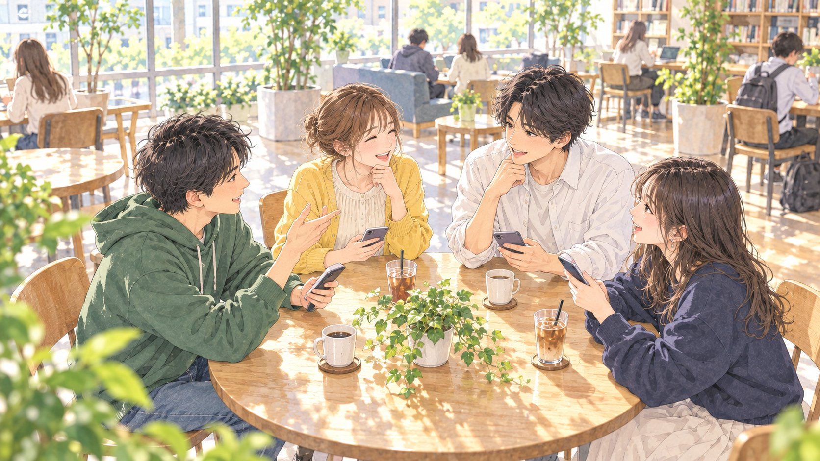 スマホを手に話す大学生たち