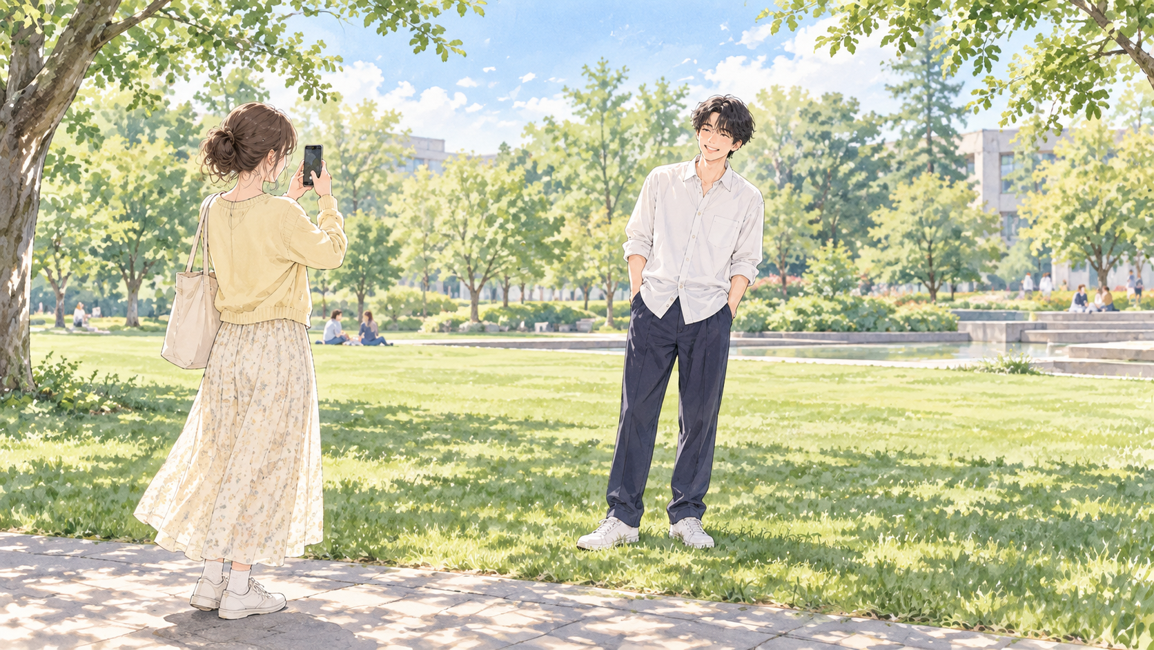 友人にプロフィール写真を撮ってもらう大学生