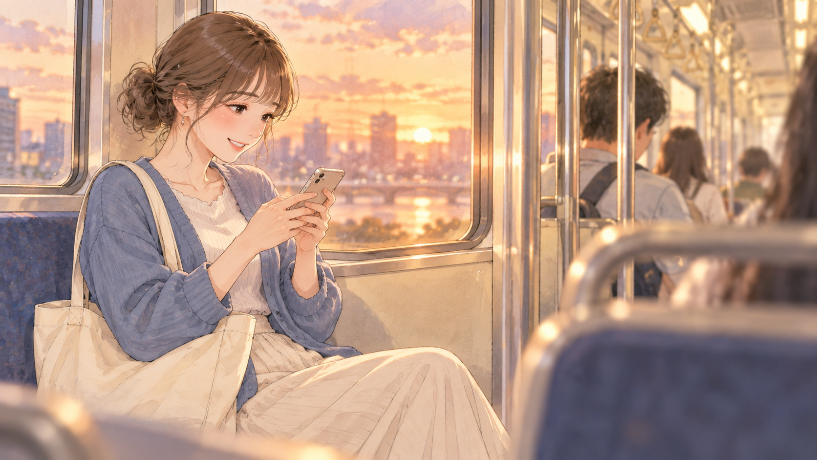 笑顔でメッセージを送る女子大学生