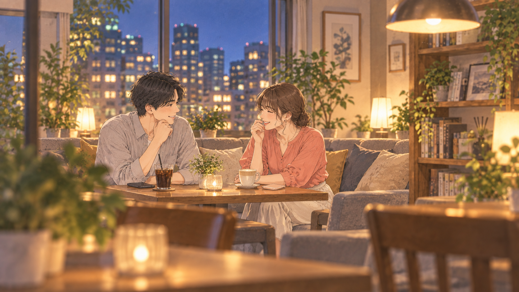 年上の女性とカフェで話す大学生