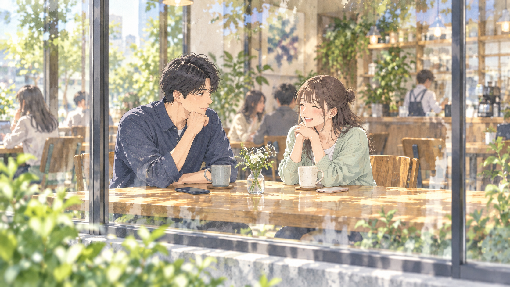 昼間のカフェで初めて会う大学生の男女