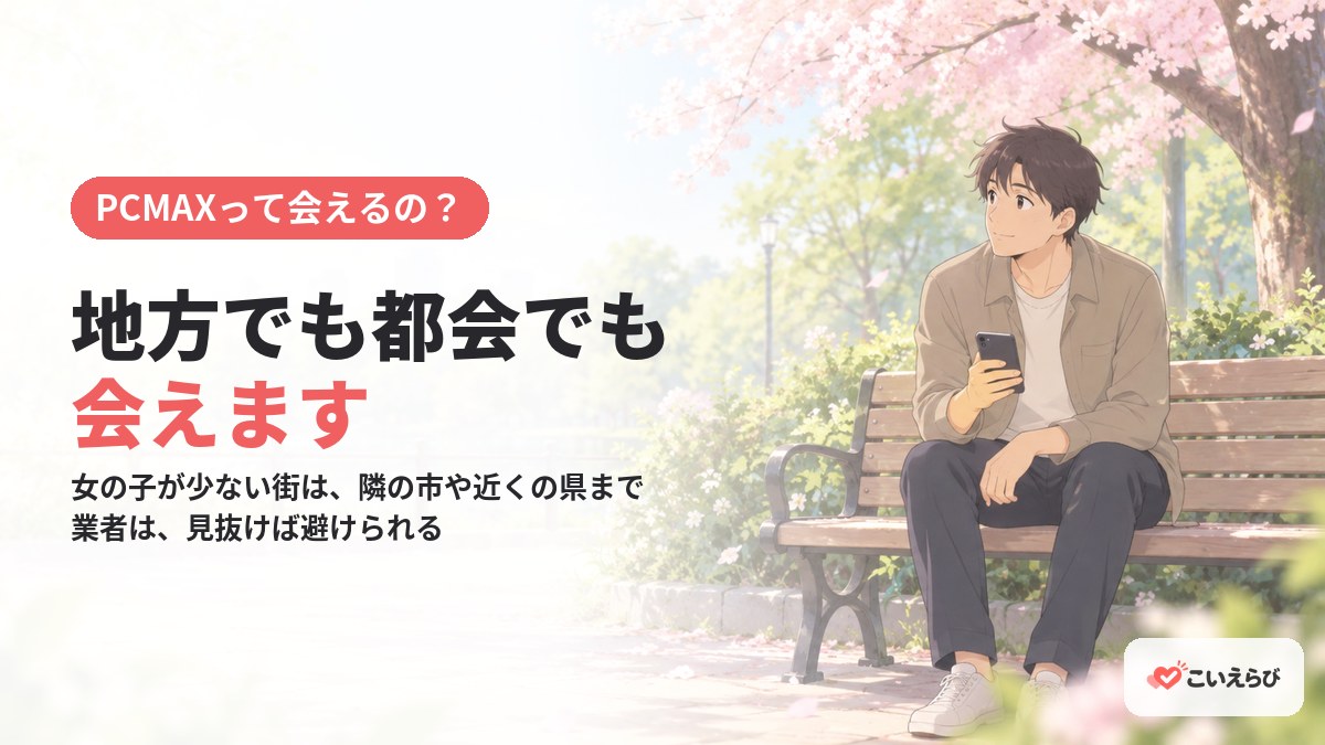 PCMAXは地方でも都会でも会える。女の子が少ない街は隣の市や近くの県まで広げ、業者は見抜けば避けられる
